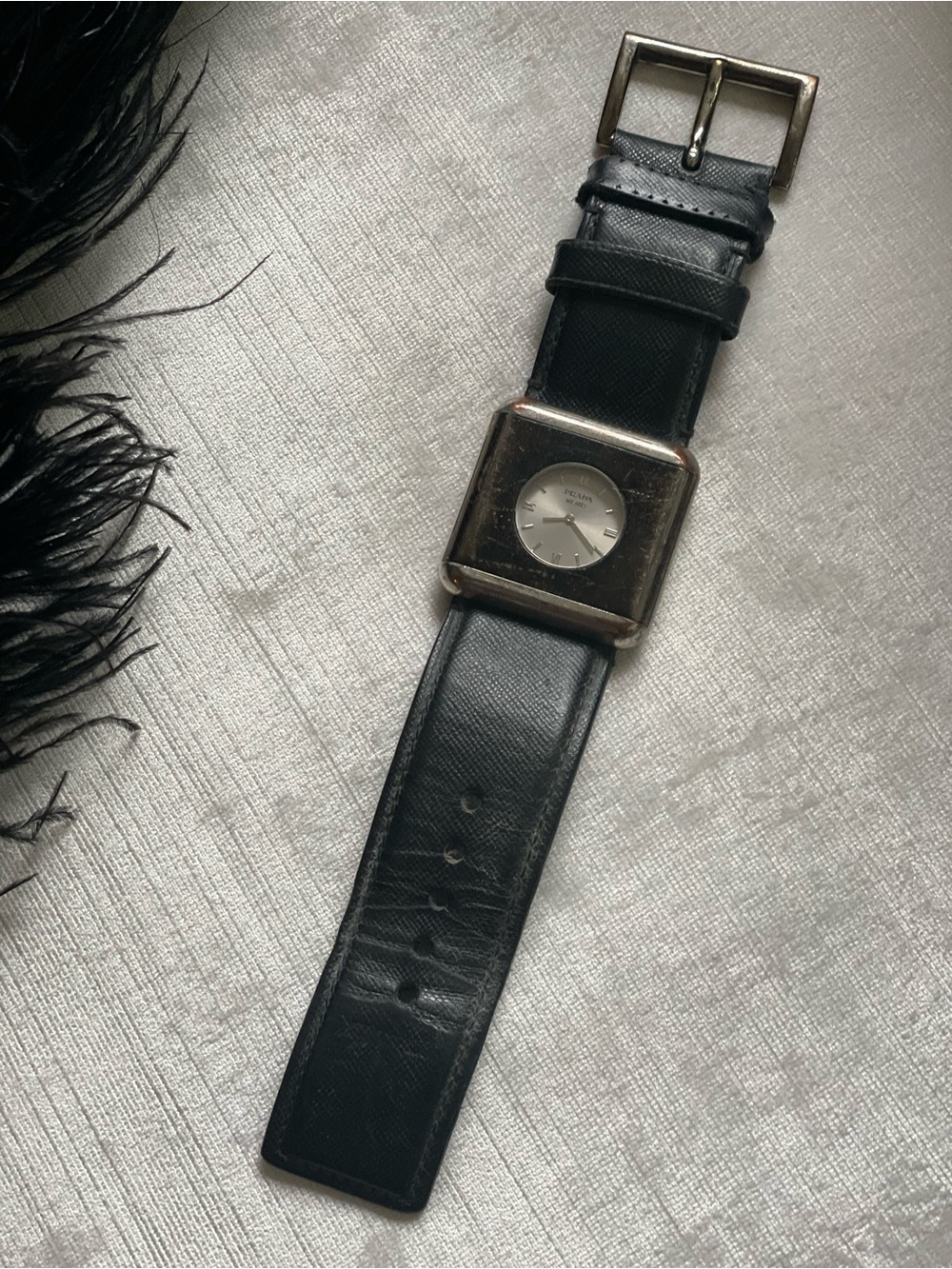 Black Leather Men’s Strap Prada Watch with Square Dial